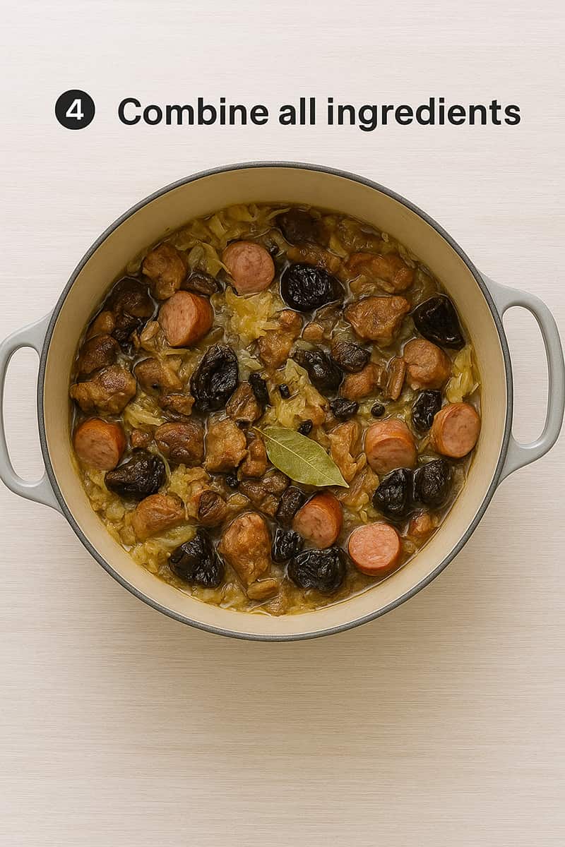 Add the soaked porcini mushrooms, a handful of prunes (roughly chopped if large), and pour in about 2 cups of water or broth