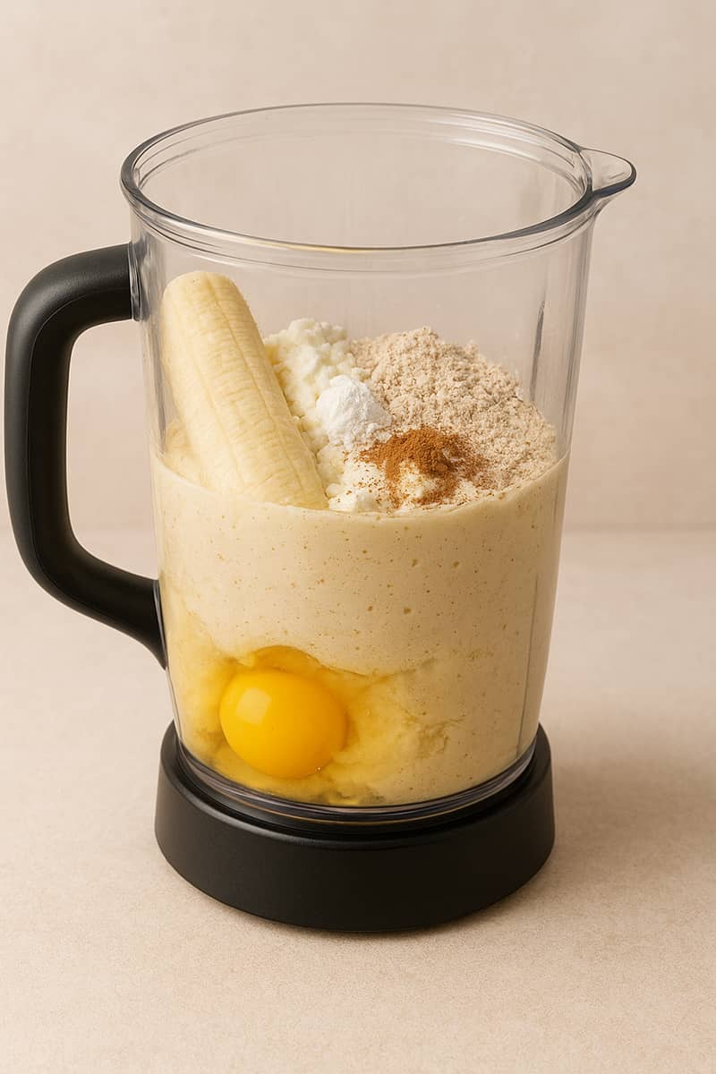 Blend banana, eggs, cottage cheese