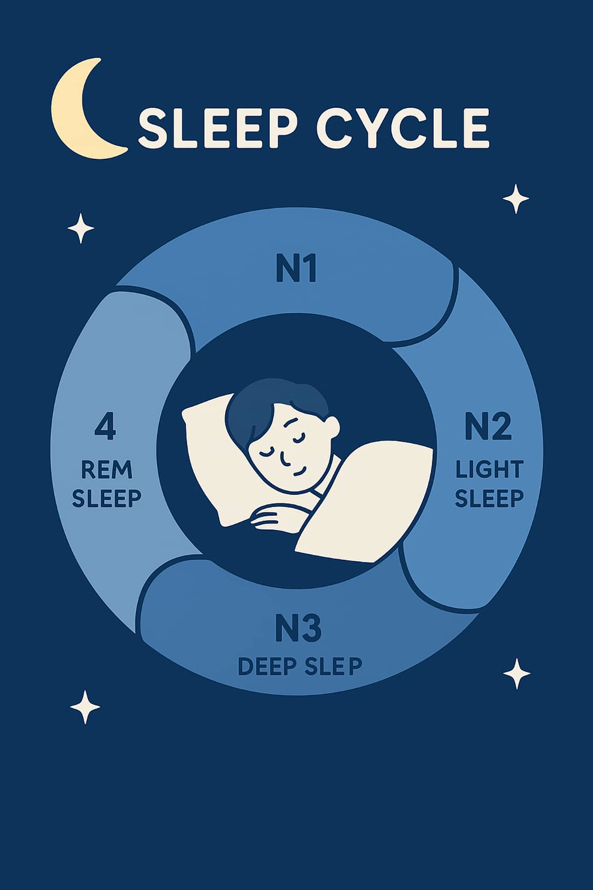 Circular sleep cycle diagram showing N1, N2, N3, and REM stages with a sleeping person in the center, moon and stars in the background.