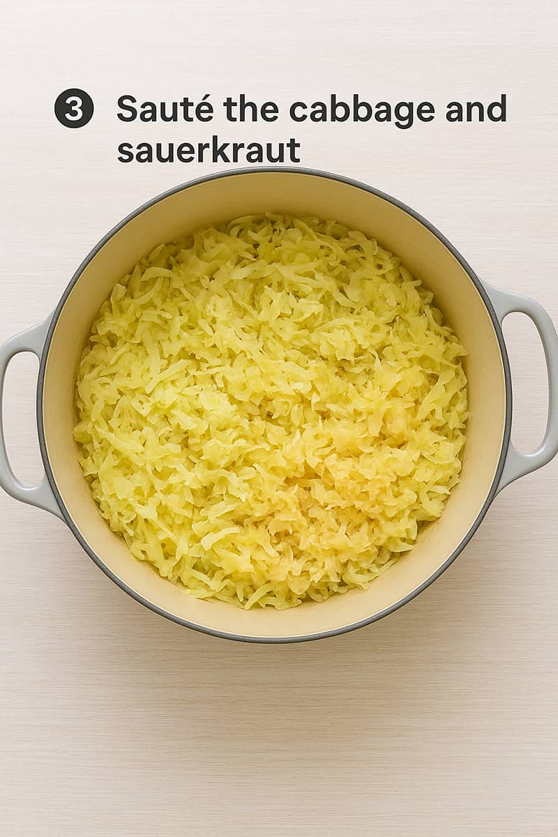 Sauté the cabbage and sauerkraut for making Polish Bigos