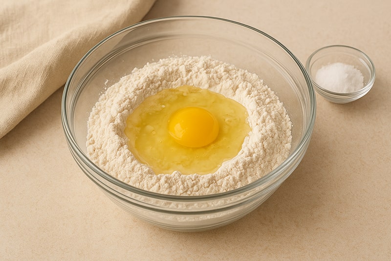 combine the flour and salt. Make a well in the center, then add the water, egg, and oil.